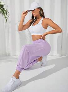 SHEIN Daily&Casual Solid Elastic Waist Sports Trousers - Lilac Purple - View 6