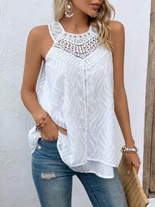 SHEIN LUNE Áo khoác và áo lót dành cho xe tăng nữ Tương phản ren màu trơn Giải trí - trắng - Xem 3