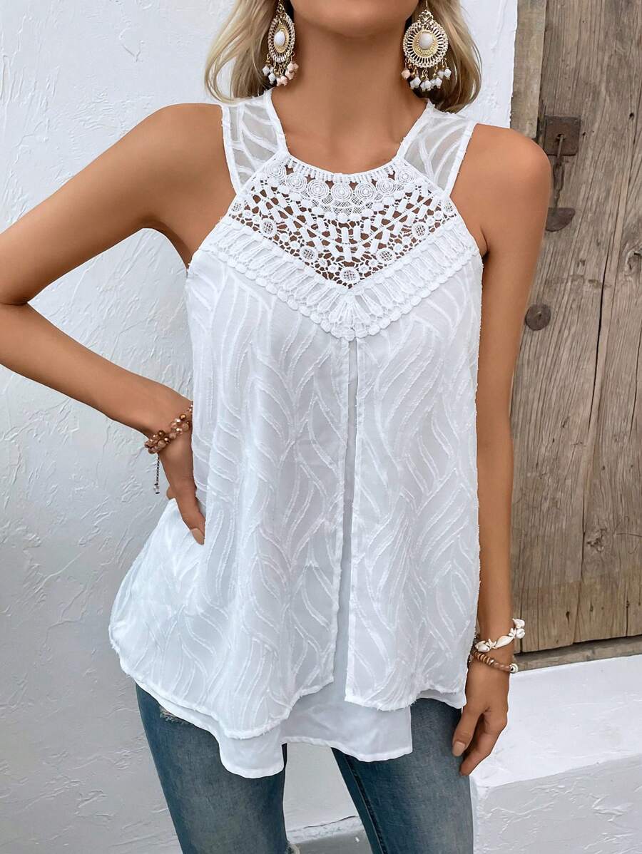 SHEIN LUNE Áo khoác và áo lót dành cho xe tăng nữ Tương phản ren màu trơn Giải trí - trắng - Xem 1