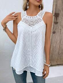 SHEIN LUNE Áo khoác và áo lót dành cho xe tăng nữ Tương phản ren màu trơn Giải trí - trắng - Xem 6