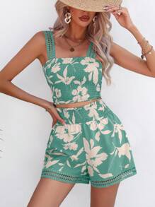Breezaya Floral Print Cami Top & Shorts - Mint Green - View 4