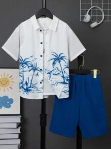 SHEIN Boys Tropical Print Shirt & Shorts Without Tee - Blue and White - View 1