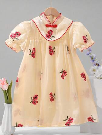 青少年女孩花卉刺繡泡泡袖娃娃裙