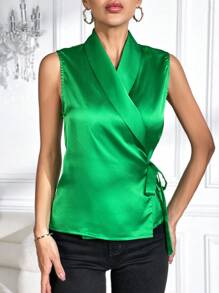 SHEIN Privé Áo sơ mi nữ Thắt nút Trọn gói màu trơn Thanh lịch - màu xanh lá - Xem 4