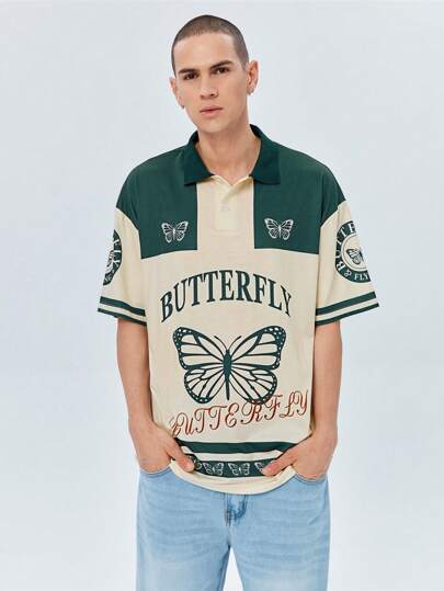 Street Life Hombres Camisa polo con estampado de mariposa y letra de color combinado