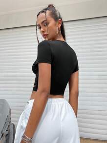 SHEIN ICON Áo thun nữ Cắt ra Bị tách màu trơn Giải trí - màu đen - Xem 2