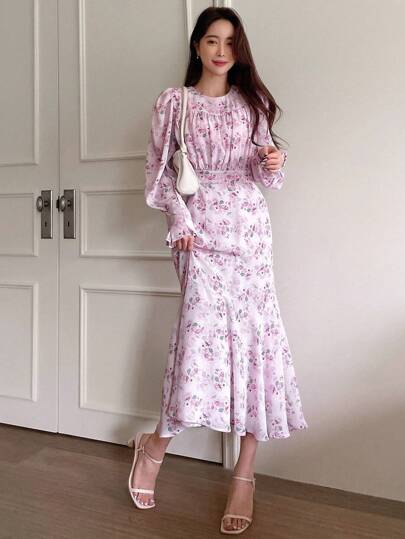 DAZY Floral Print Puff Sleeve Ruched Bust Dress