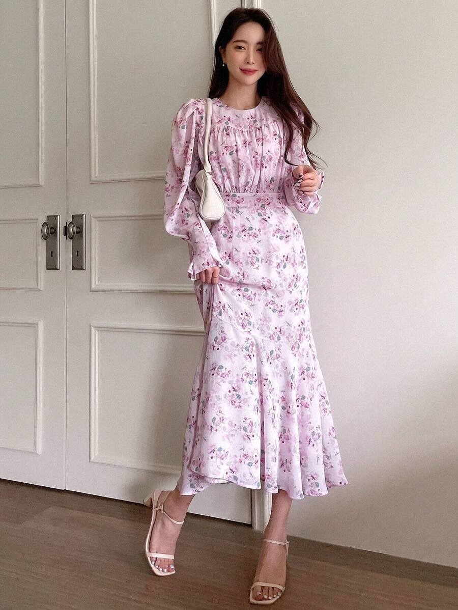 DAZY 印花泡泡袖胸部褶皺連衣裙 - 彩色 - 查看 1