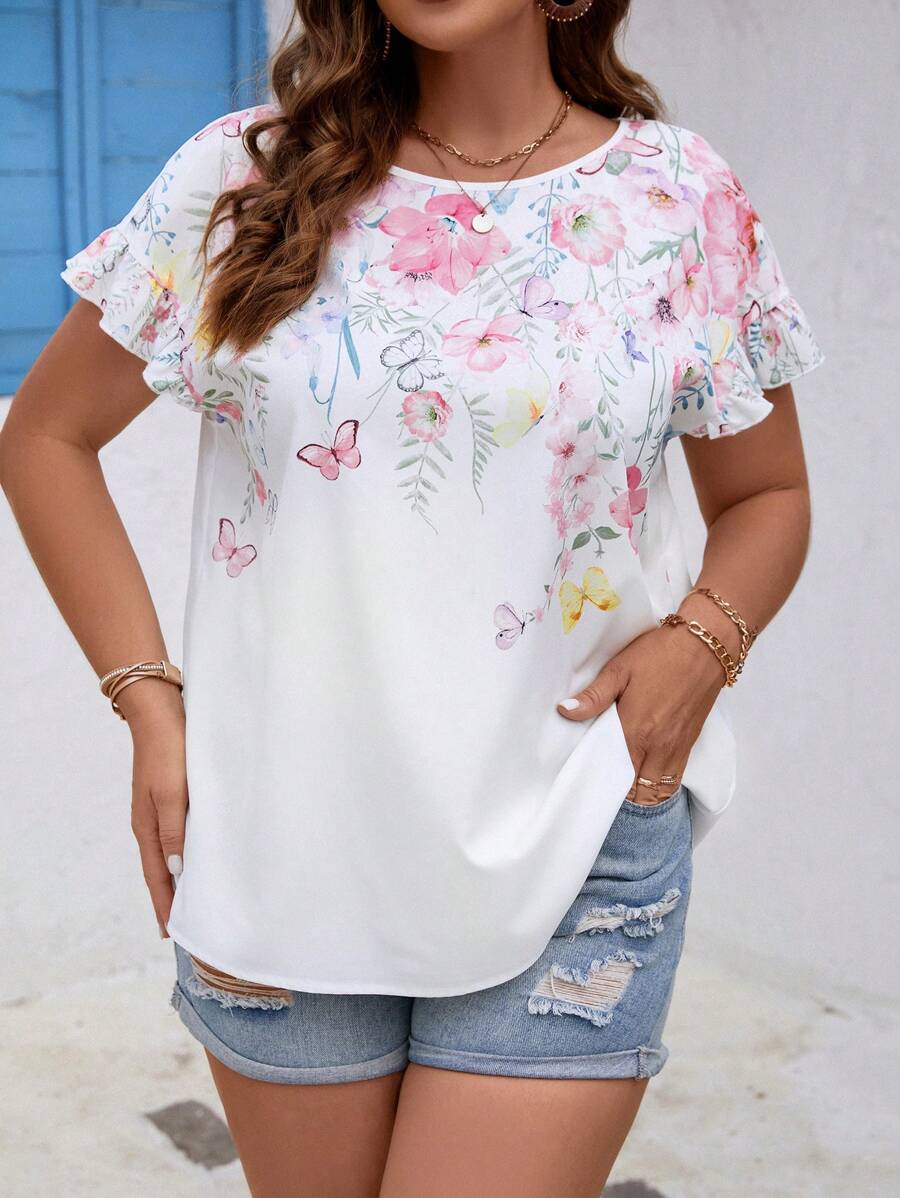 SHEIN LUNE 大碼印花蝙蝠袖襯衫