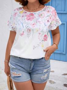 SHEIN LUNE 大碼印花蝙蝠袖襯衫