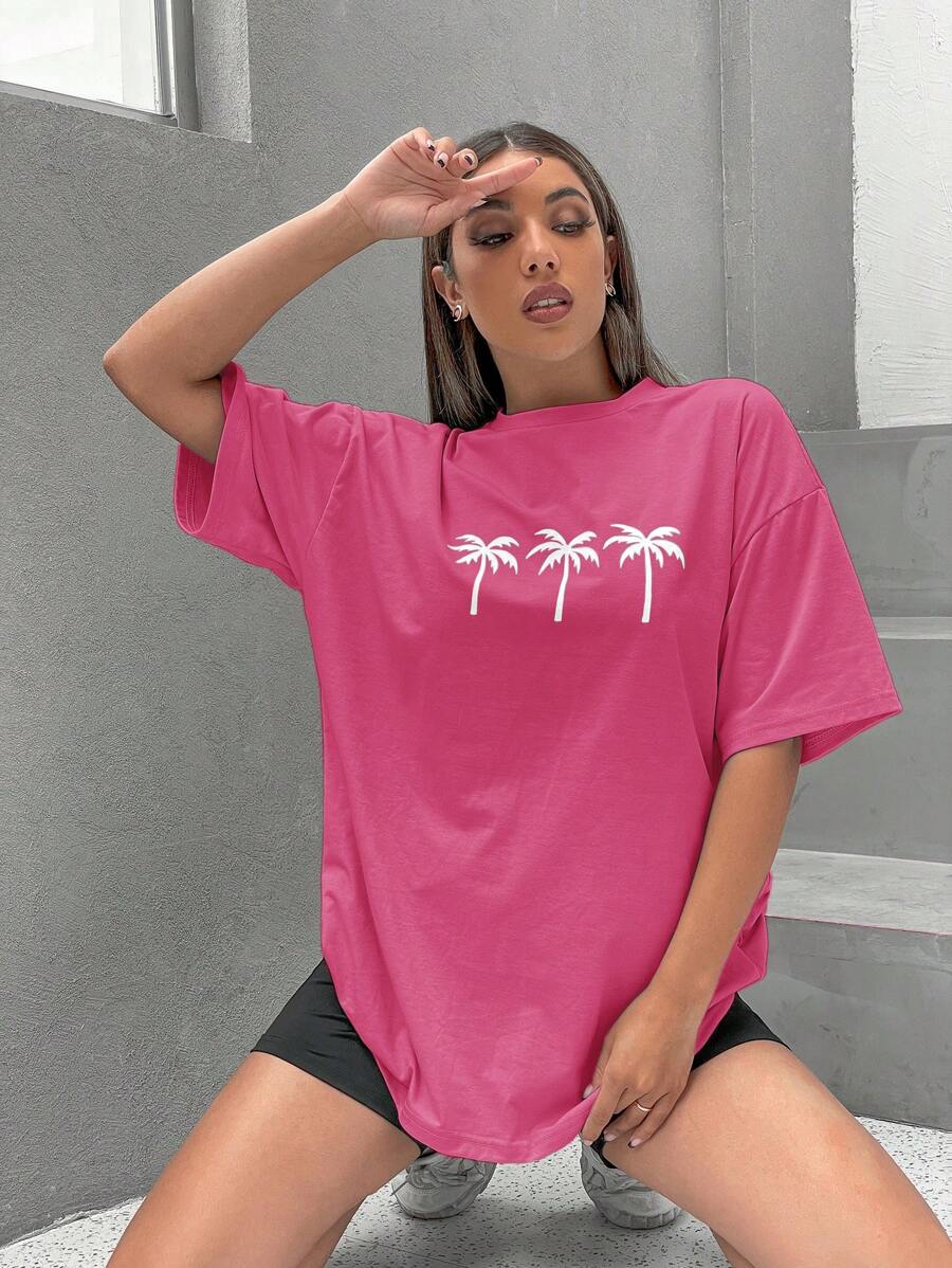 SHEIN Unity Coconut Tree Print Drop Shoulder Tee - Pink - View 1