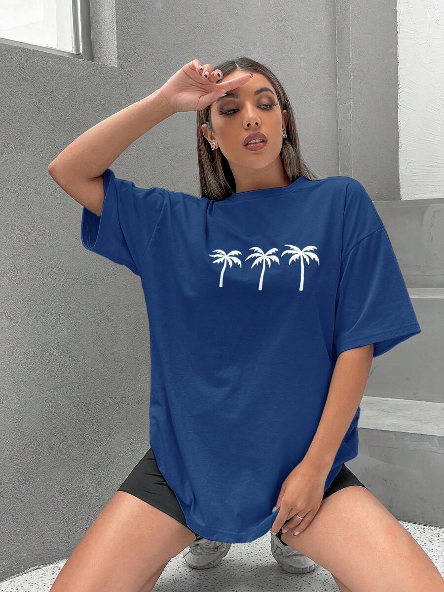 SHEIN Unity Coconut Tree Print Drop Shoulder Tee - Navy Blue - View 1