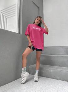 SHEIN Unity Coconut Tree Print Drop Shoulder Tee - Pink - View 4