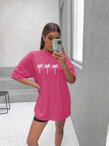 SHEIN Unity Coconut Tree Print Drop Shoulder Tee - Pink - View 5