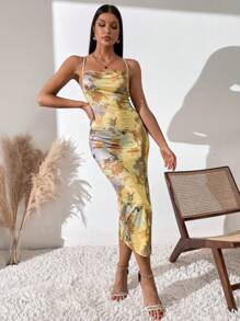 Chiquease Đầm Vắt Xù Tách cao Cà vạt nhuộm Thanh lịch - Màu vàng - Xem 6