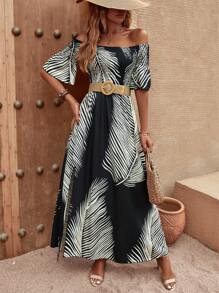 SHEIN LUNE Tropical Print Off Shoulder Split Thigh Dress - Multicolor - View 1