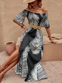 SHEIN LUNE Tropical Print Off Shoulder Split Thigh Dress - Multicolor - View 4