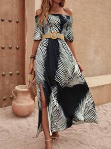 SHEIN LUNE Tropical Print Off Shoulder Split Thigh Dress - Multicolor - View 5