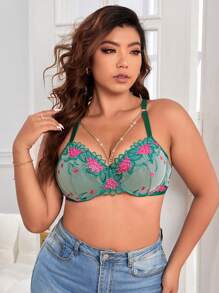 Sujetador con bordado floral con diseño de cadena con aro - Verde Oscuro - Ver 4