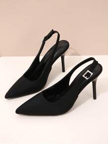 Elegant Black Pumps For Women, Rhinestone & Buckle Decor Point Toe Stiletto Heeled Slingback Pumps - Black - View 1