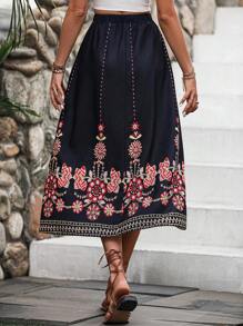 SHEIN VCAY 印花彈性腰帶半身裙 - 黑色 - 查看 3