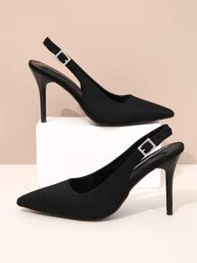 Elegant Black Pumps For Women, Rhinestone & Buckle Decor Point Toe Stiletto Heeled Slingback Pumps - Black - View 4