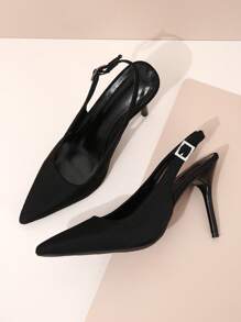Elegant Black Pumps For Women, Rhinestone & Buckle Decor Point Toe Stiletto Heeled Slingback Pumps - Black - View 5