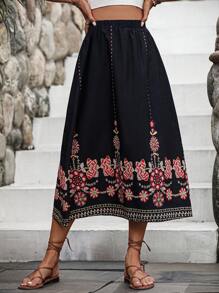 SHEIN VCAY 印花彈性腰帶半身裙 - 黑色 - 查看 6