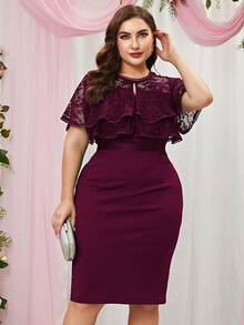 CurvySweet 大碼蕾絲拼接荷葉邊後背開衩連衣裙 - 酒紅色 - 查看 5