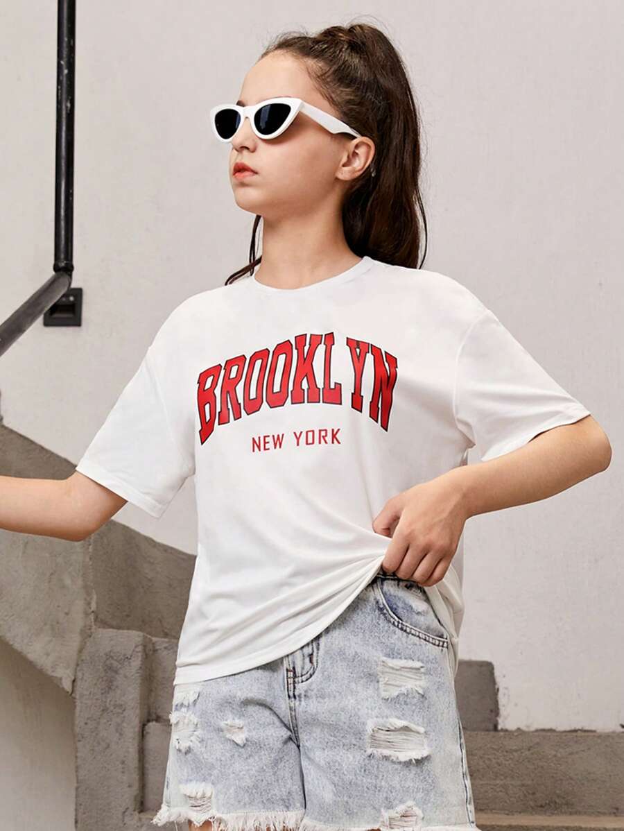 SHEIN Teen Girls Letter Graphic Drop Shoulder Tee - White - View 1