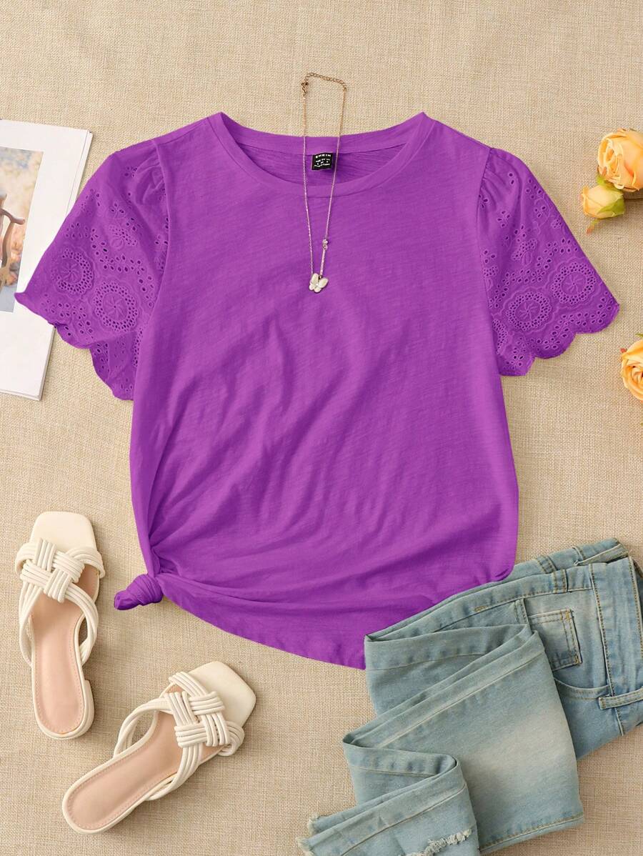 SHEIN LUNE Hơn Chất rắn Lỗ gắn thêu Cắt vỏ sò Áo thun - Màu tím - Xem 1