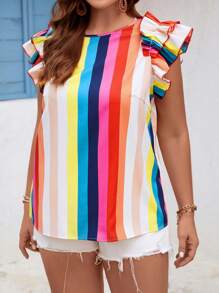 SHEIN VCAY 大碼塊狀條紋印花荷葉邊襯衫 - 彩色 - 查看 3