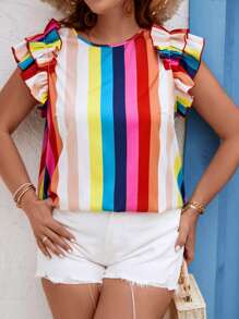 SHEIN VCAY 大碼塊狀條紋印花荷葉邊襯衫 - 彩色 - 查看 6