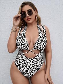 SHEIN Swim Curve 大碼豹紋鏤空吊脖連體泳衣 - 黑與白 - 查看 1