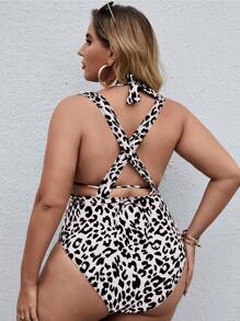 SHEIN Swim Curve 大碼豹紋鏤空吊脖連體泳衣 - 黑與白 - 查看 2