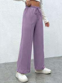SHEIN PETITE 腰部抽繩闊腿衛褲 - 紫丁香色 - 查看 4