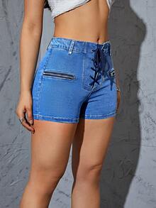 Lace Up Front Denim Shorts - Medium Wash - View 5