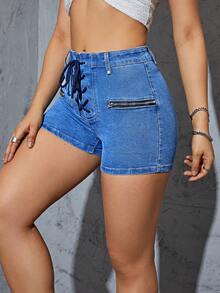 Lace Up Front Denim Shorts - Medium Wash - View 6