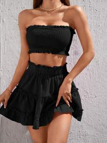 SHEIN PETITE Frill Trim Tube Top & Ruffle Hem Skirt