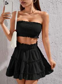SHEIN PETITE Frill Trim Tube Top & Ruffle Hem Skirt