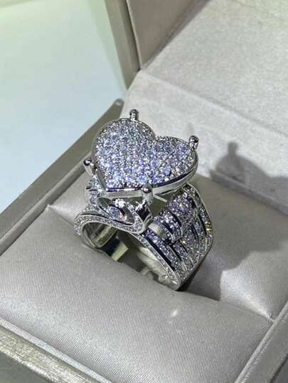 1 قطعة خاتم قلب مرصع بالزركونيا المكعبة بتصميم عتيق مزين بزركونيات كاملة مجوهرات نحاسية لعيد الحب