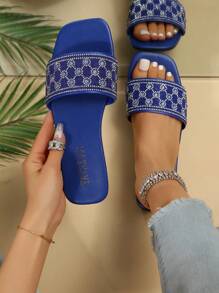 Glamorous Blue Sandals For Women, Rhinestone Decor Single Band Slide Sandals - Blue - View 1