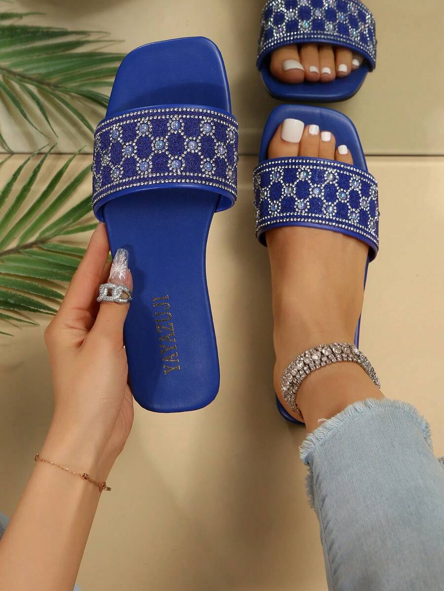Glamorous Blue Sandals For Women, Rhinestone Decor Single Band Slide Sandals - Blue - View 1