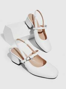 CUCCOO BIZCHIC Woman Shoes Square Toe Buckle Decor Chunky Heeled Elegant White Slingbacks For Summer Graduation Heels Prom Heels Vacation Shoes Summer Elegant Basics Business Casual Business Chic Spring Shoes Spring Break Easter