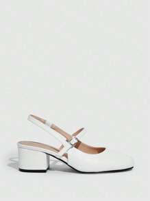 CUCCOO BIZCHIC Woman Shoes Square Toe Buckle Decor Chunky Heeled Elegant White Slingbacks For Summer Graduation Heels Prom Heels Vacation Shoes Summer Elegant Basics Business Casual Business Chic Spring Shoes Spring Break Easter