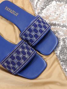Glamorous Blue Sandals For Women, Rhinestone Decor Single Band Slide Sandals - Blue - View 5