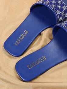 Glamorous Blue Sandals For Women, Rhinestone Decor Single Band Slide Sandals - Blue - View 7