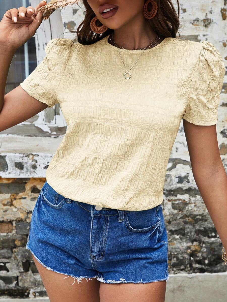 SHEIN VCAY Áo sơ mi nữ Nút màu trơn Giải trí - Màu be - Xem 1