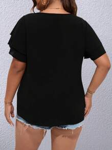 SHEIN Franclia 大碼鎖眼領蝴蝶袖襯衫 - 黑色 - 查看 2
