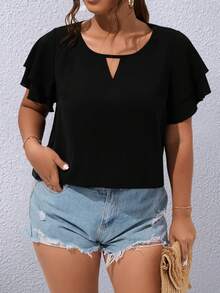 SHEIN Franclia 大碼鎖眼領蝴蝶袖襯衫 - 黑色 - 查看 3
